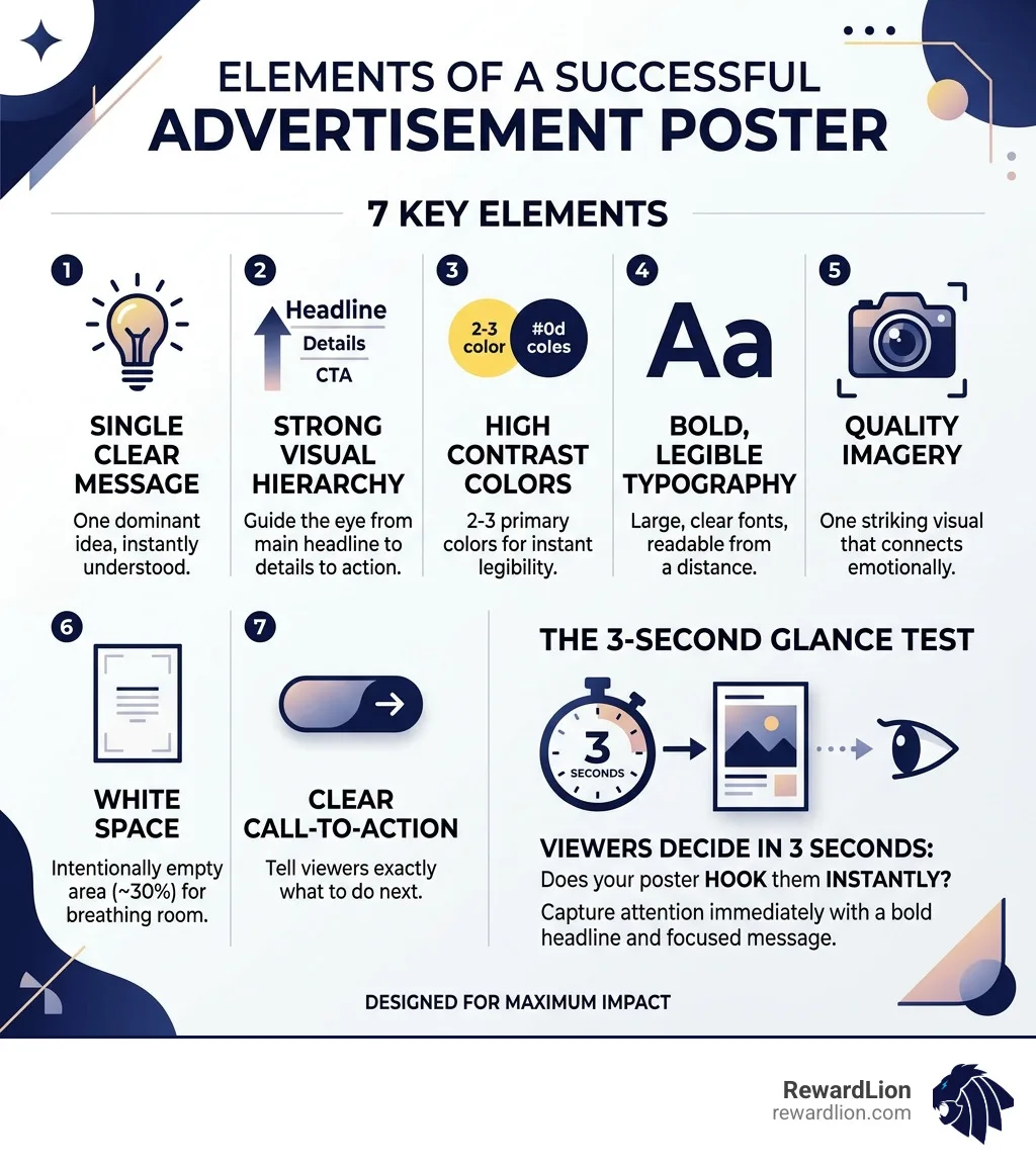 Infographic showing the 7 elements of what makes a good advertisement poster and the 3-second glance test - what makes a Infographic showing the 7 elements of what makes a good advertisement poster and the 3-second glance test - what makes a
