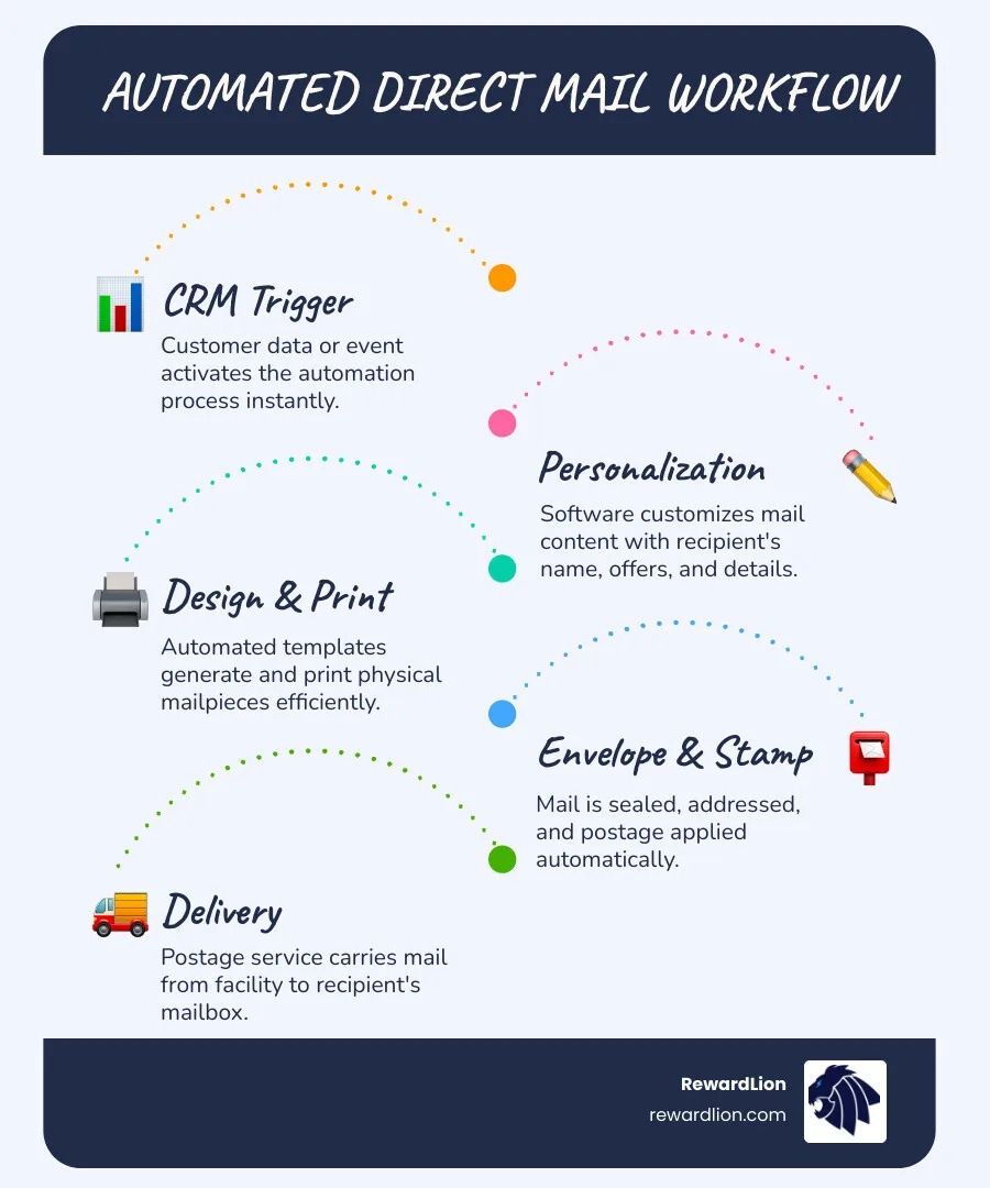 Automated direct mail workflow from CRM trigger to mailbox delivery infographic - direct mail automation software Automated direct mail workflow from CRM trigger to mailbox delivery infographic - direct mail automation software