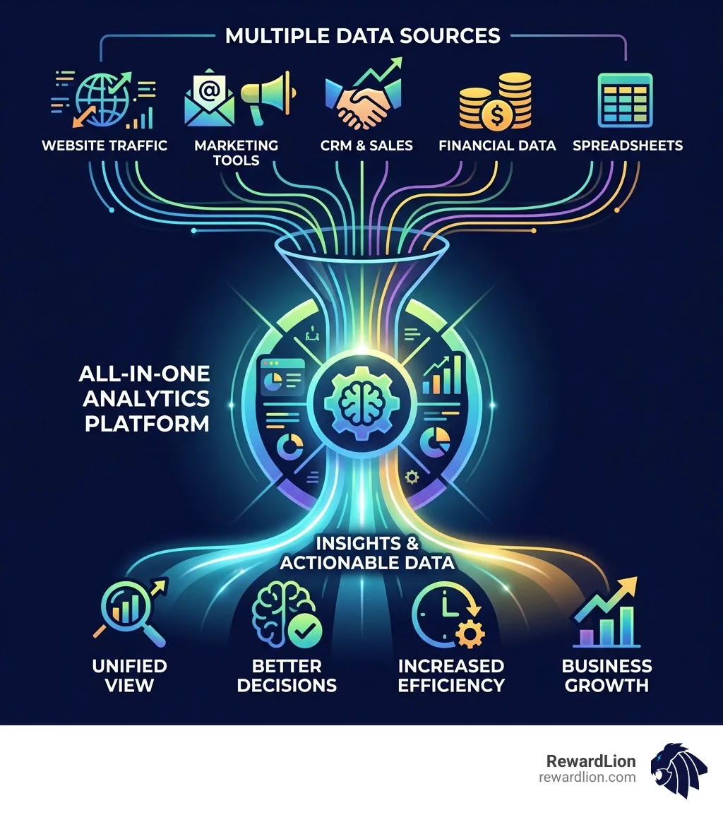 infographic showing unified data flow from multiple sources into one all-in-one analytics platform - all in one analytics infographic showing unified data flow from multiple sources into one all-in-one analytics platform - all in one analytics