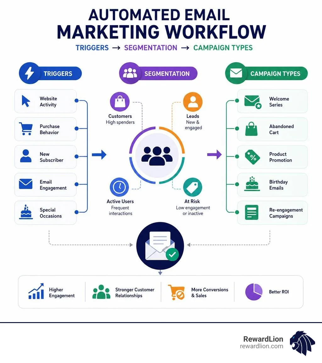 Automated email marketing workflow infographic showing triggers, segmentation, and campaign types infographic Automated email marketing workflow infographic showing triggers, segmentation, and campaign types infographic
