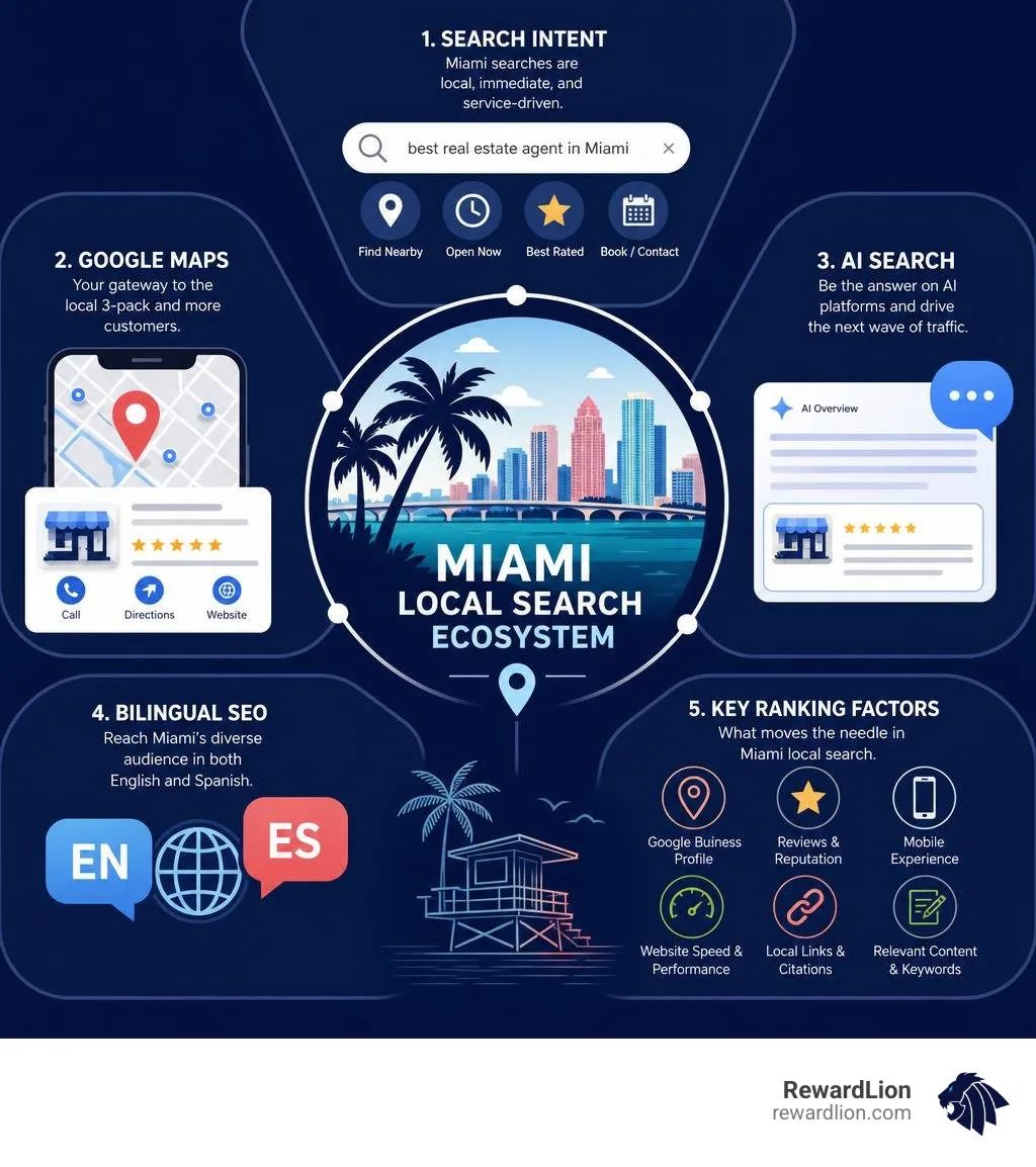 Infographic showing Miami local search ecosystem: search intent, Google Maps, AI search, bilingual SEO, and key ranking Infographic showing Miami local search ecosystem: search intent, Google Maps, AI search, bilingual SEO, and key ranking