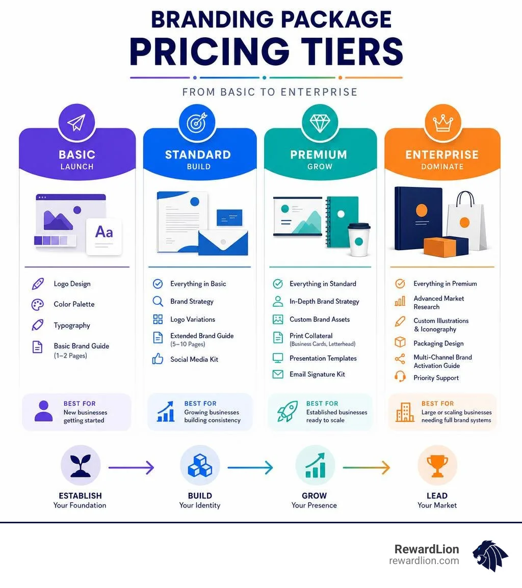 Branding Package Pricing Tiers from Basic to Enterprise infographic Branding Package Pricing Tiers from Basic to Enterprise infographic