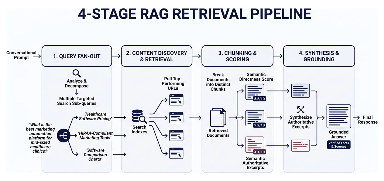 Diagram illustrating the 4-stage RAG retrieval pipeline from query fan-out to grounded answer Diagram illustrating the 4-stage RAG retrieval pipeline from query fan-out to grounded answer