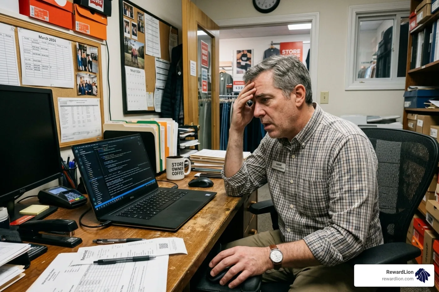 A frustrated retail owner looking at complex technical jargon and code on a laptop screen - ai automation for agencies A frustrated retail owner looking at complex technical jargon and code on a laptop screen - ai automation for agencies