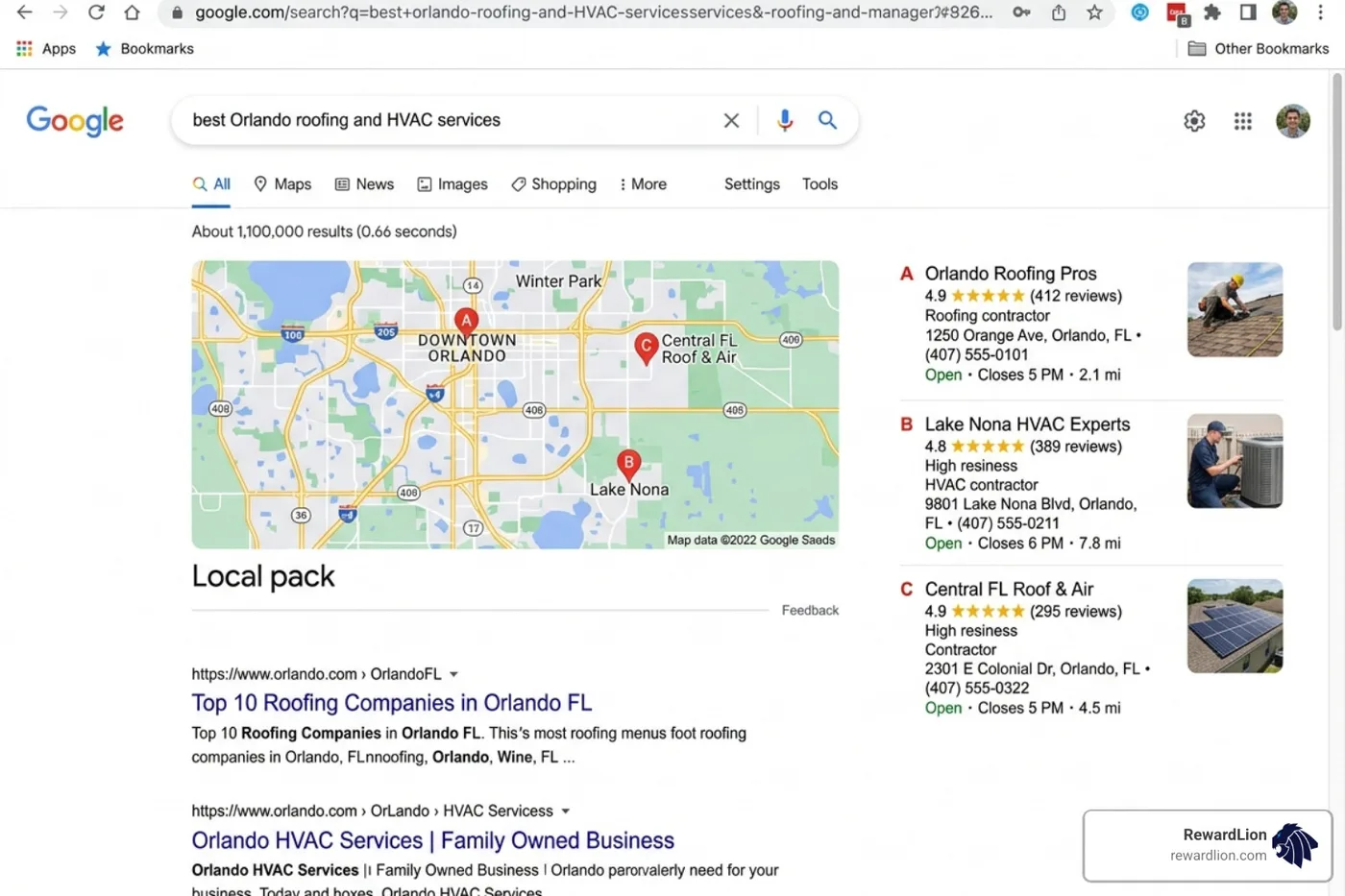 Google Map Pack result showing top three local Orlando businesses with high ratings and proximity - seo in orlando Google Map Pack result showing top three local Orlando businesses with high ratings and proximity - seo in orlando