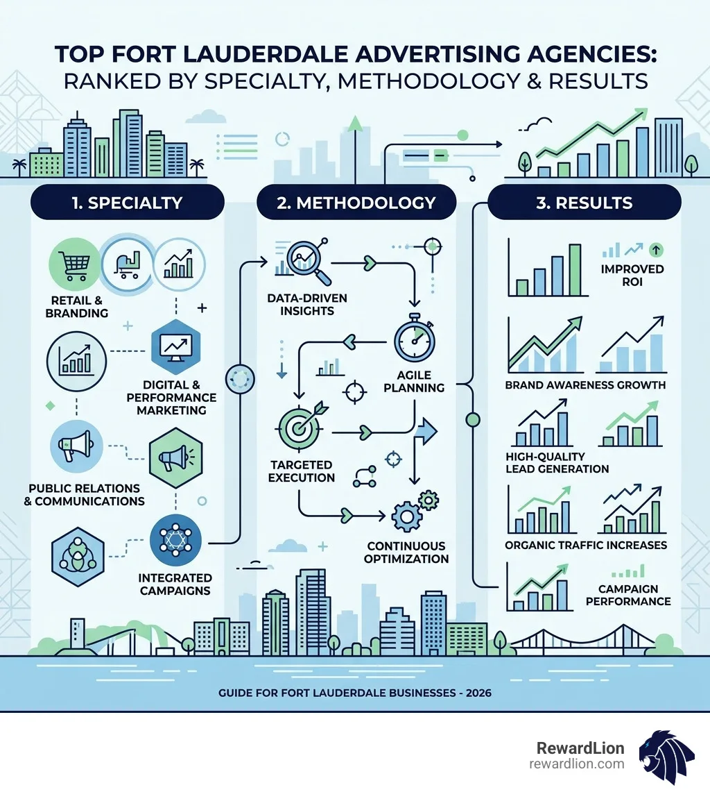 Infographic showing top Fort Lauderdale advertising agencies ranked by specialty, methodology, and results - advertising Infographic showing top Fort Lauderdale advertising agencies ranked by specialty, methodology, and results - advertising