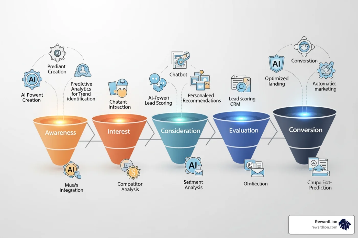 A graphic showing various AI tools integrated into a marketing and sales funnel A graphic showing various AI tools integrated into a marketing and sales funnel