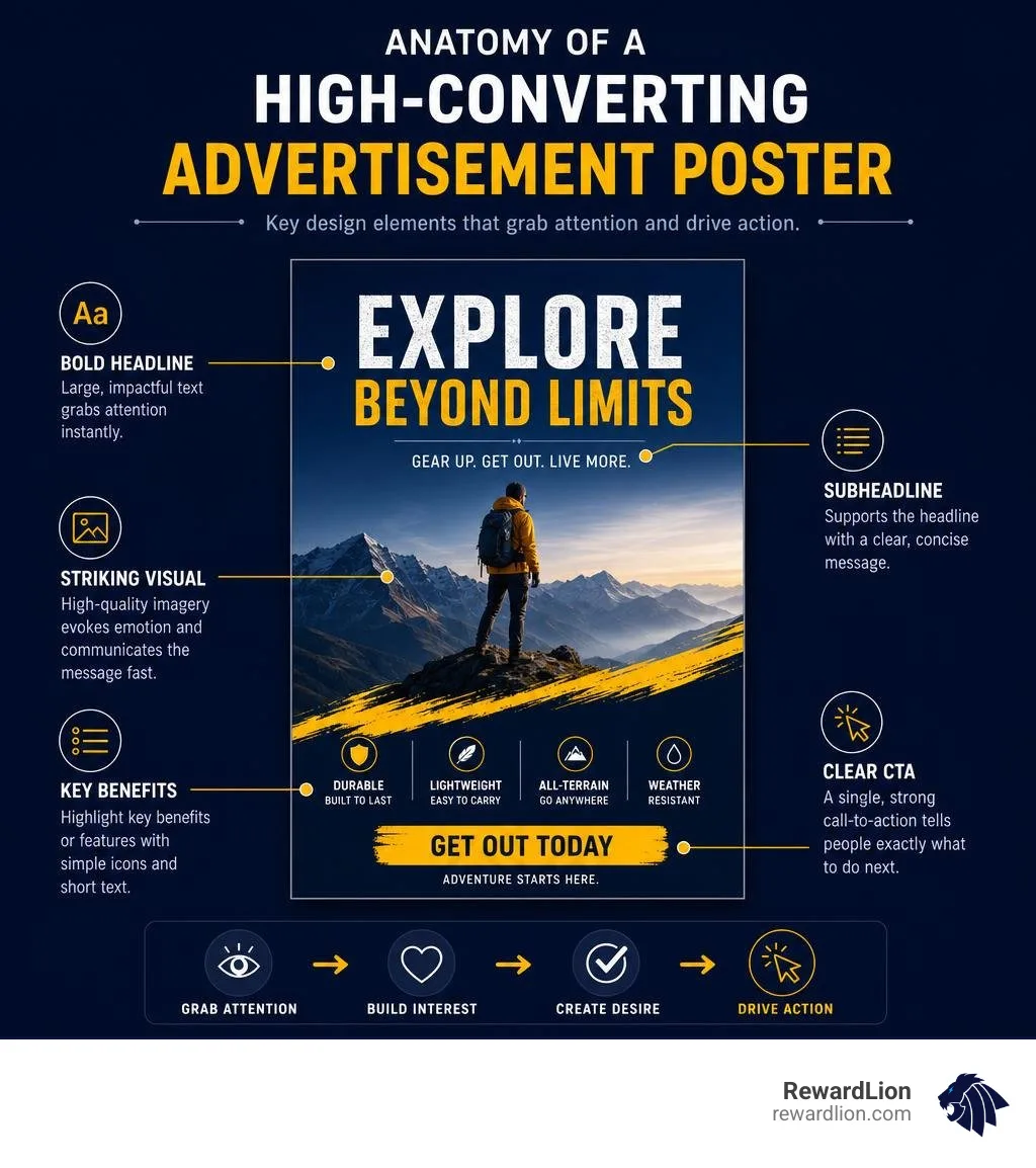 Anatomy of a high-converting advertisement poster with key design elements labeled infographic Anatomy of a high-converting advertisement poster with key design elements labeled infographic