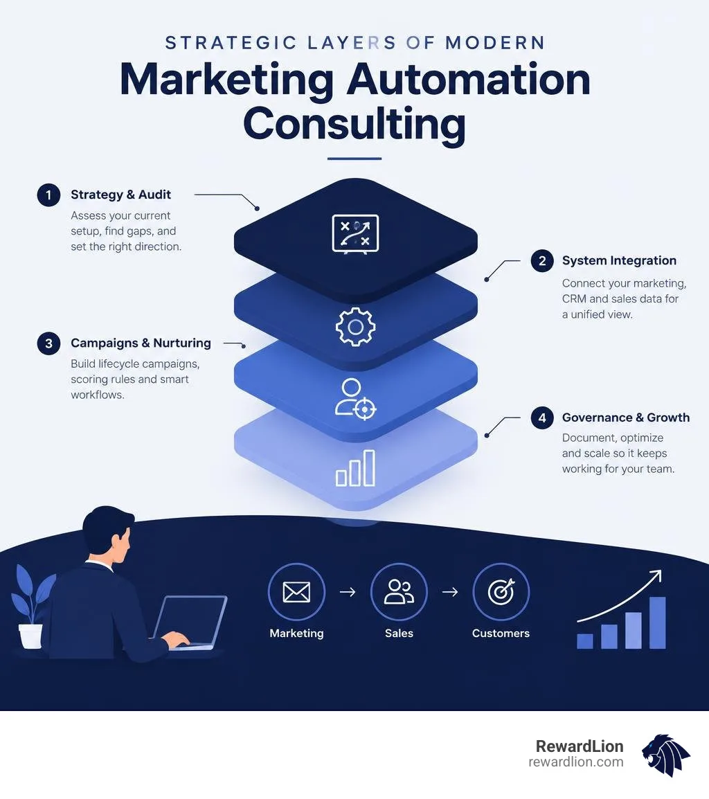 Strategic layers of modern marketing automation consulting infographic Strategic layers of modern marketing automation consulting infographic