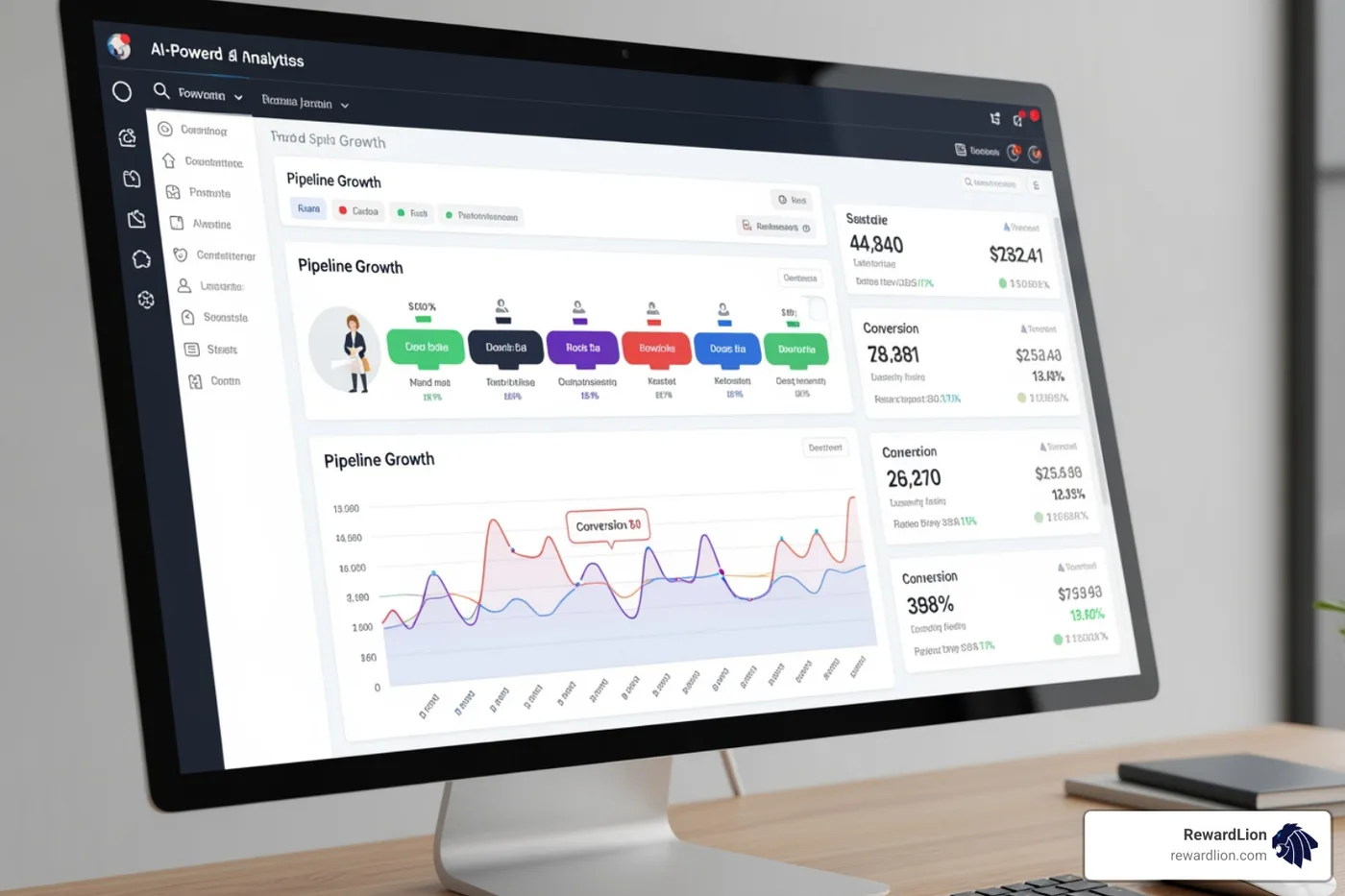 AI-powered data analytics dashboard showing pipeline growth and conversion metrics AI-powered data analytics dashboard showing pipeline growth and conversion metrics