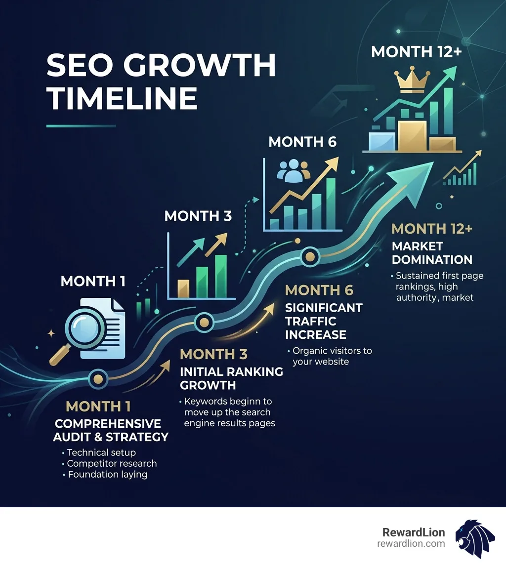 Infographic showing SEO growth timeline: Month 1 Audit, Month 3 Initial Ranking Growth, Month 6 Significant Traffic Infographic showing SEO growth timeline: Month 1 Audit, Month 3 Initial Ranking Growth, Month 6 Significant Traffic