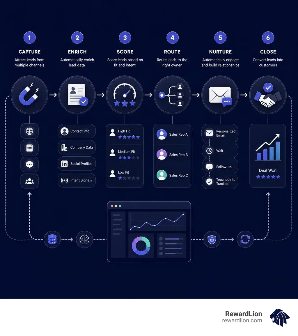 Lead generation automation workflow: capture, enrich, score, route, nurture, close infographic Lead generation automation workflow: capture, enrich, score, route, nurture, close infographic