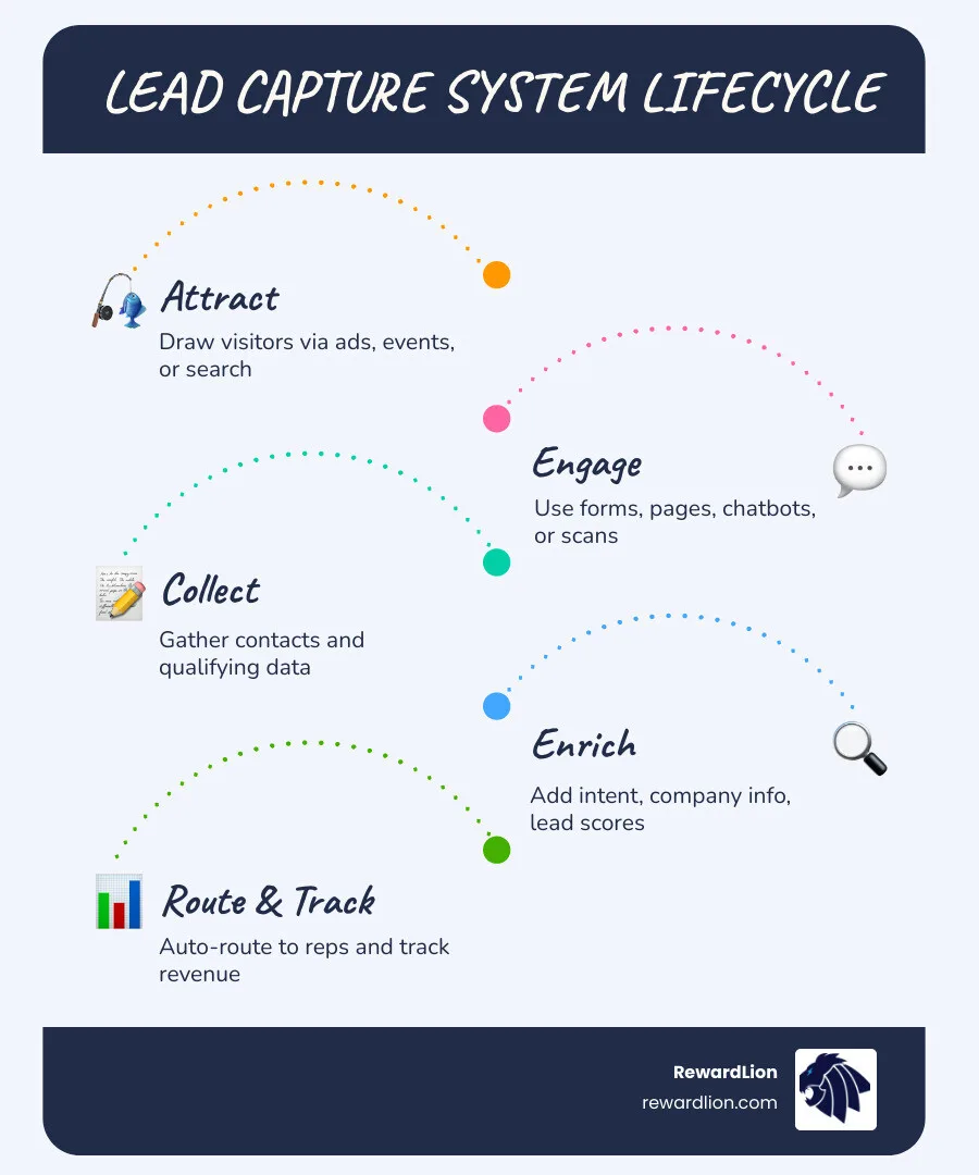 Lead capture system lifecycle infographic showing 6 stages from attraction to revenue tracking infographic Lead capture system lifecycle infographic showing 6 stages from attraction to revenue tracking infographic